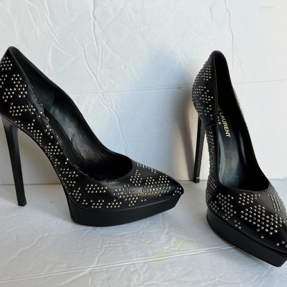 $995 YSL SAINT LAURENT STUDDED JANIS LEATHER PLATFORM PUMPS HEELS SIZE 37 / 7 US - Picture 1 of 13